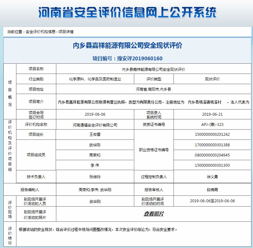 内乡县嘉祥能源有限公司安全现状评价