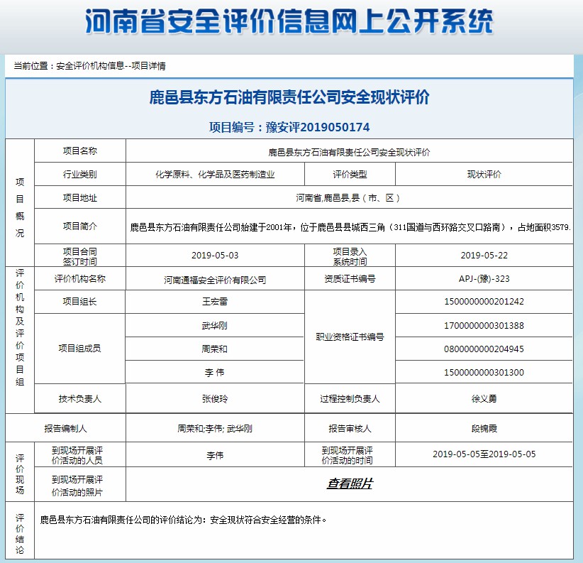 鹿邑县东方石油有限责任公司安全现状评价