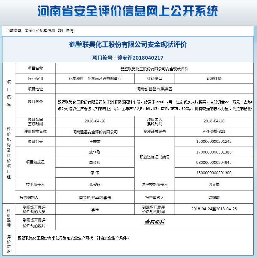 鹤壁联昊化工股份有限公司安全现状评价