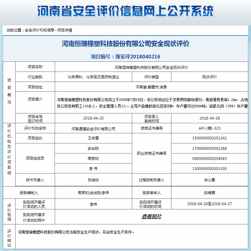 河南恒瑞橡塑科技股份有限公司安全现状评价